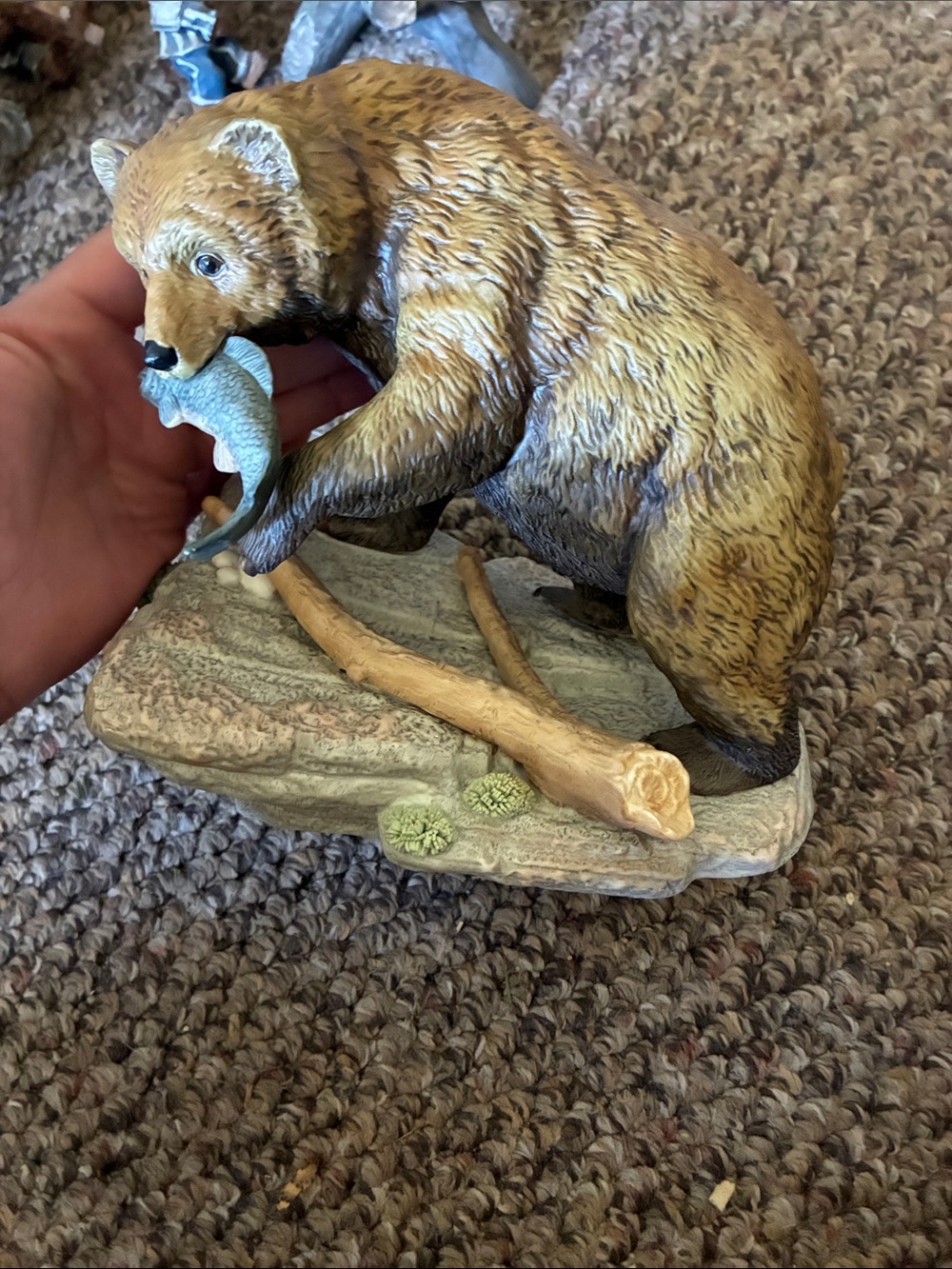 Brown Bear Figurine with Fish - Hand-Painted Home Art Sculpture